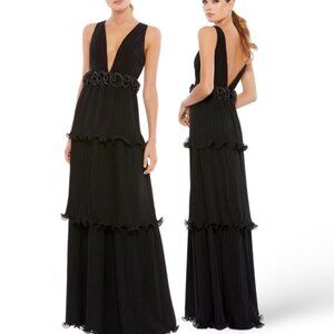 NWT MAC DUGGAL TIERED SKIRT BEADED LONG DRESS BLACK 49281